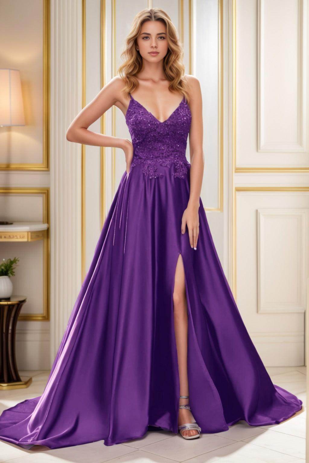 A-Line Court Train Satin Prom Dress CS0460 - COCOMELODY